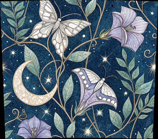 Moonlit Garden Art Print, Celestial Moon and Stars, Blue Floral Night Sky, Mystical Butterfly Illustration, Wall Decor