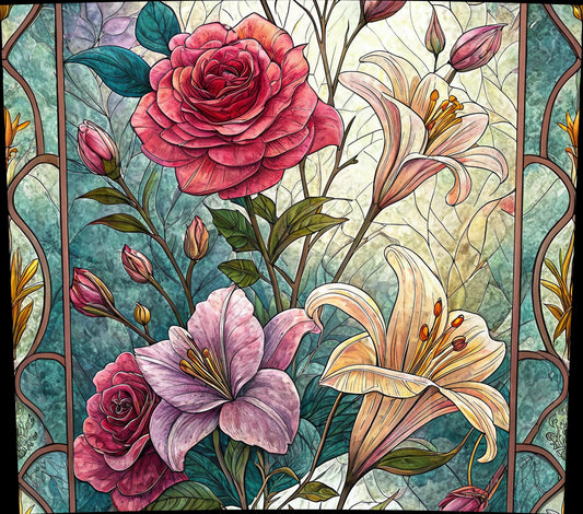Stained Glass Floral Art Print, Red Rose and Pink Lilies, Botanical Wall Decor, Vintage Inspired Flower Illustration, Home Decoration